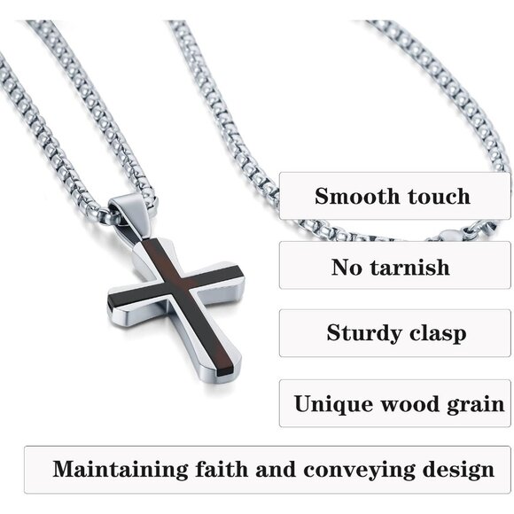 Men's 16-24 Inch Mahogany Ebony Titanium Steel Cross Box Chain Pendant - Picture 6 of 6